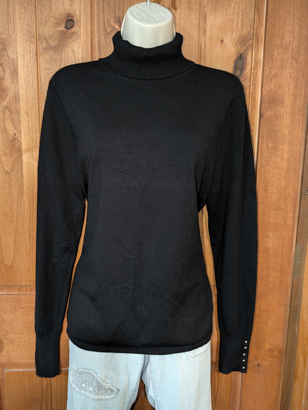White House Black Market Black Turtleneck Sweater With Stud Button Detail